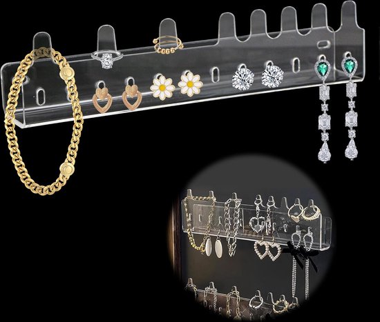 Sieradenhouder voor aan de muur, sieradenopslag, hangende opslag, halskettingen, hangers, sieradenhaken van acryl, voor display, organizer, oorbellen, ringen, armbanden, helder, 24 x 4 x 2,2
