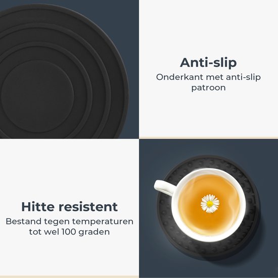 Castagnola Dessous de verre en Siliconen avec support - Sous-verres de verre pour Sous-verres - Design de sous- Sous-verres - Ensemble de sous- Verres - Sous-verres de verre - Siliconen de haute qualité - Set de 14 - Zwart