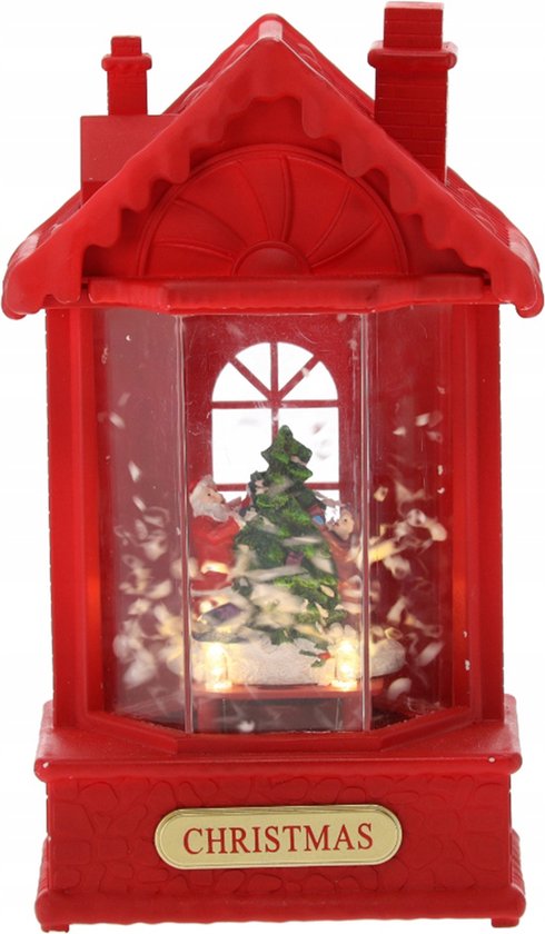 Kerst LED-lantaarn, rood huis, muziekdoos 12x9x19,5cm