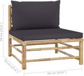 Bamboe loungestoel met donkergrijze kussens, voorzien van afmetingen: 65 cm breed, 70 cm diep en 60 cm hoog.