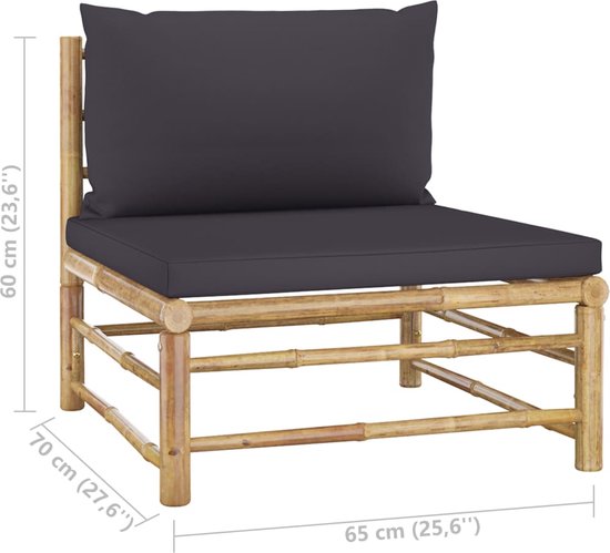 Bamboe loungestoel met donkergrijze kussens, voorzien van afmetingen: 65 cm breed, 70 cm diep en 60 cm hoog.