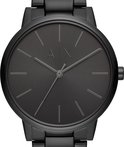 Zwart Armani Exchange herenhorloge met grijze wijzerplaat en AX-logo.