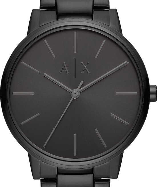 Zwart Armani Exchange herenhorloge met grijze wijzerplaat en AX-logo.