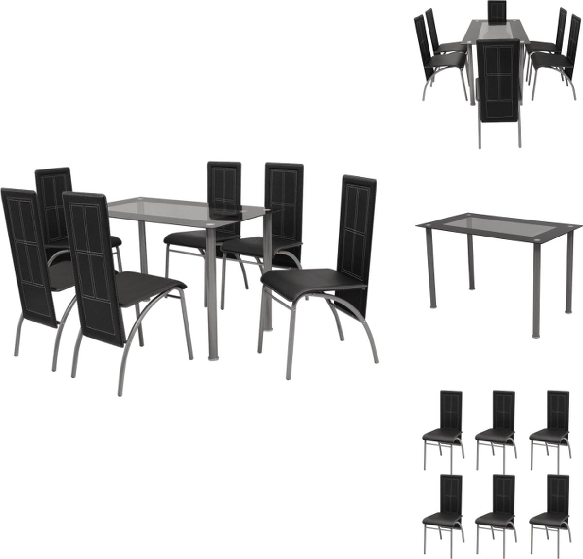 VidaXL Dinerset 7-delig 120x70x75 cm zwart stalen frame gehard glazen tafelblad Set tafel en stoelen