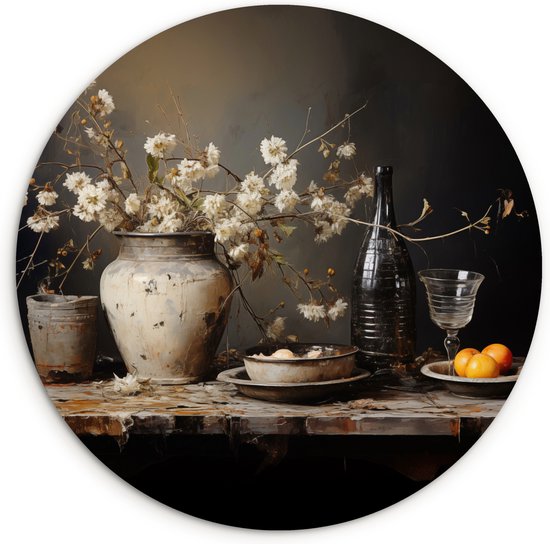 WallCircle - Wandcirkel ⌀ 90 - Stilleven - Bloemen - Boeket - Vaas - Wijn - Ronde schilderijen woonkamer - Wandbord rond - Muurdecoratie cirkel - Kamer decoratie binnen - Wanddecoratie muurcirkel - Woonaccessoires