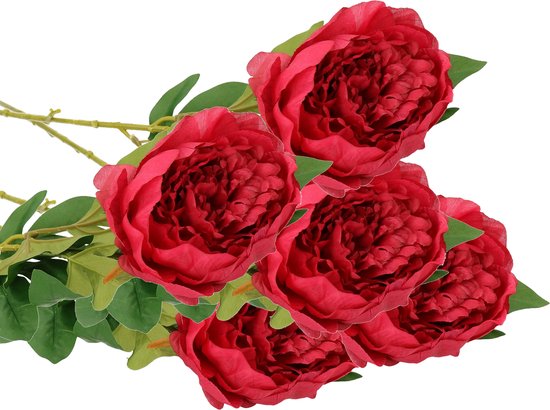 Mica Decorations Kunstbloem pioenroos - 5x - donker roze - 76 cm - polyester - decoratie bloemen rozen