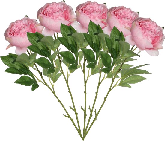 Mica Decorations Kunstbloem pioenroos - 5x - roze - 76 cm - polyester - decoratie bloemen rozen