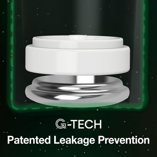 De G-TECH batterij terminal met de gepatenteerde lekbescherming, getoond met een groene gloed.