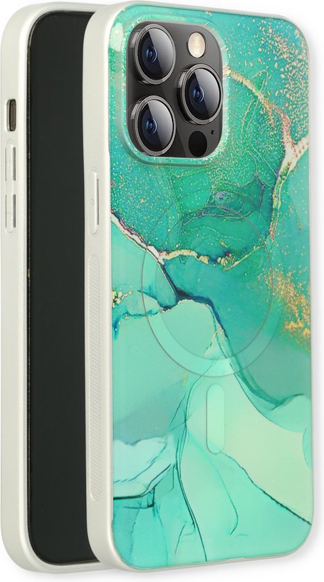 Casemania Hoesje Geschikt voor Apple iPhone 15 Pro Max Blauw - Siliconen Marmer Back Cover - Geschikt voor MagSafe