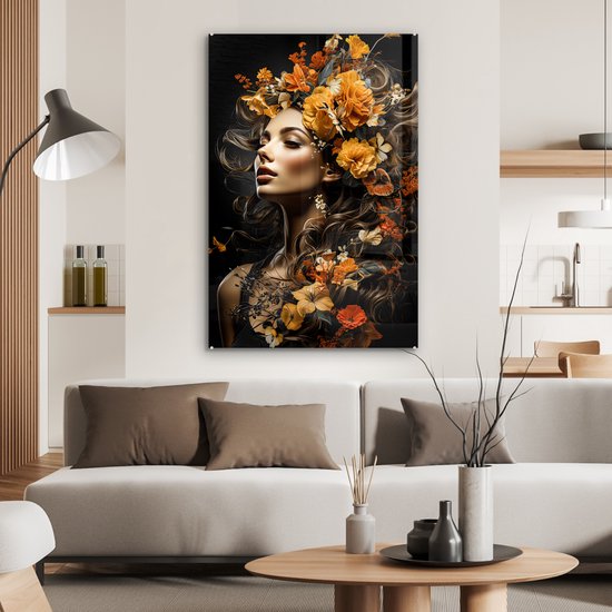 Peinture sur verre 60x90 cm - Femme fleurs - Photo sur verre - Tableau salon portrait - Tableaux plexiglas chambre - Décoration chambre plaque de verre - Décoration murale peintures sur verre - Décoration murale colorée