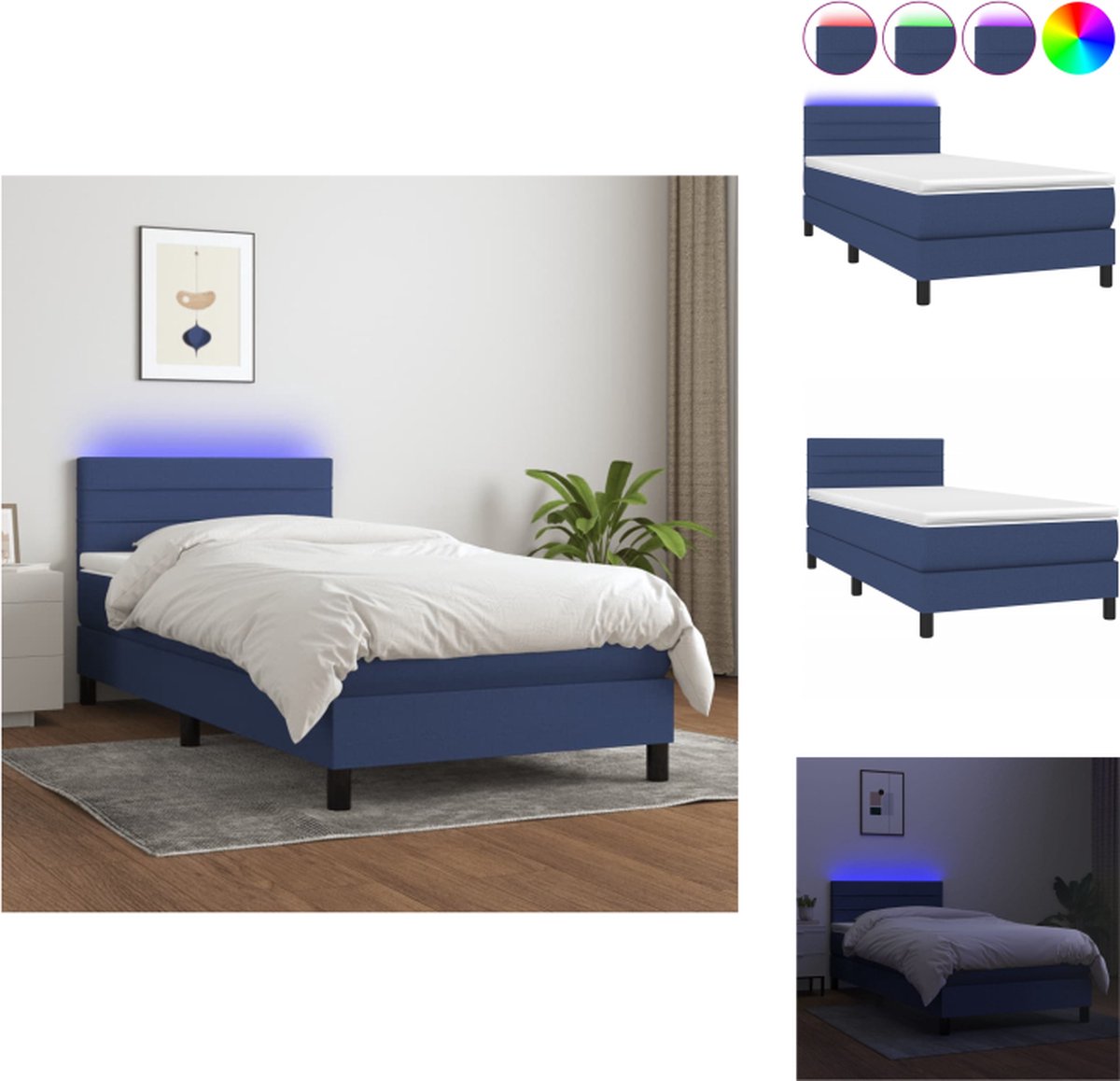 VidaXL Boxspring Bedframe met verstelbaar hoofdbord Pocketvering matras Huidvriendelijk topmatras Kleurrijke LED-verlichting Blauw 193 x 90 cm Bed