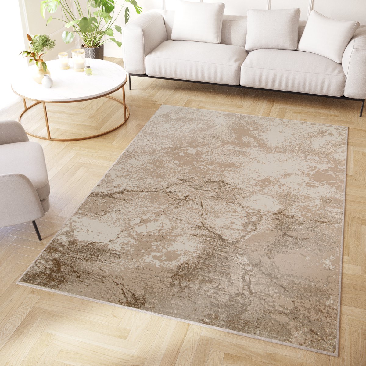 Tapiso Crystal Vloerkleed Beige Bruin Modern Laagpolig Kleed Tapijt Maat- 80x150