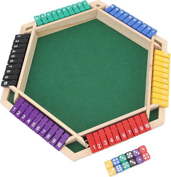 Houten shut the box spel met groen speelveld. Zijkanten met paarse, blauwe, gele, rode, zwarte en groene schuifjes genummerd 1-10. Een stapel dobbelstenen.