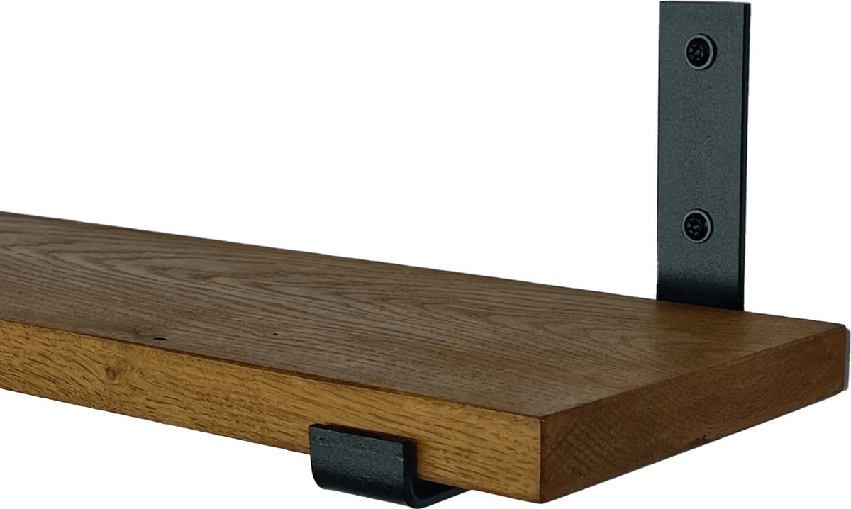 GoudmetHout Wandplank Industrieel - 220 x 15 cm Muurplank - Donker Eiken Hout - Decoratie Wandrek & Boekenrek - Hangplank Keuken - Wall Shelf + 2 Mat Zwarte Plankdragers van Staal Donker eiken - Mat zwart - 15 cm