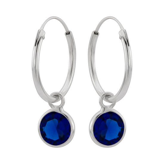 Oorbellen 925 zilver | Oorringen met hanger | Zilveren oorringen met hanger, ronde cubic zirkonia steen kleur capri blue