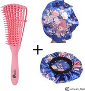Roze Anti-klit Haarborstel + Blauwe bloemen satijnen slaapmuts | Detangler brush | Detangling brush | Satin cap / Hair bonnet / Satijnen nachtmuts / Satin bonnet | Kam voor Krullen | Kroes haar borstel