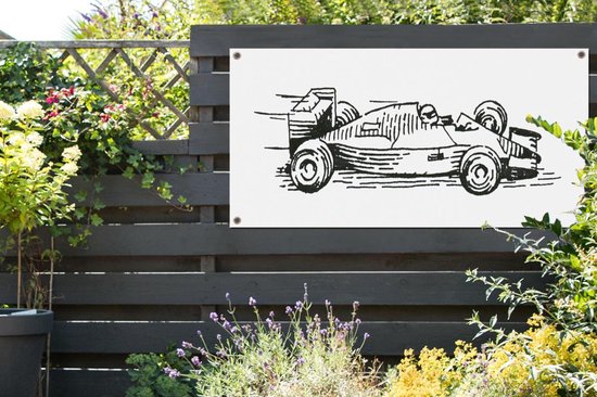 Une illustration noir et blanc de l'affiche de jardin de la voiture de course de Formule 1 160x80 cm - Toile de jardin / Toile d'extérieur / Peintures d'extérieur (décoration de jardin)