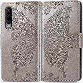 Butterfly Love Flowers reliÃ«f horizontale flip lederen case voor Huawei P30, met houder & kaartsleuven & portemonnee & lanyard (grijs)