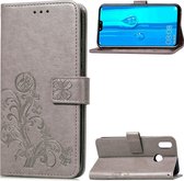 Lucky Clover geperste bloemenpatroon lederen tas voor Huawei Y9 (2019) / Enjoy 9 Plus, met houder & kaartsleuven & portemonnee en handriem (grijs)