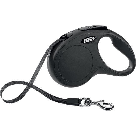 Zwarte Flexi rolriem met een zwart koord en een metalen karabijnhaak.