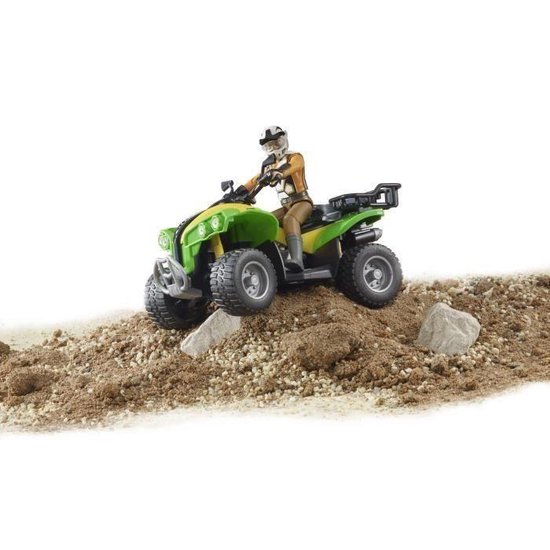 Groene en gele quad met coureur in oranje vest en helm, op kiezelachtig terrein.