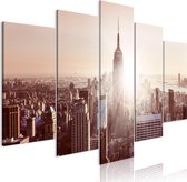 Schilderijen Op Canvas - Schilderij - Sun over Manhattan (5 Parts) Wide Brown 100x50 - Artgeist Schilderij