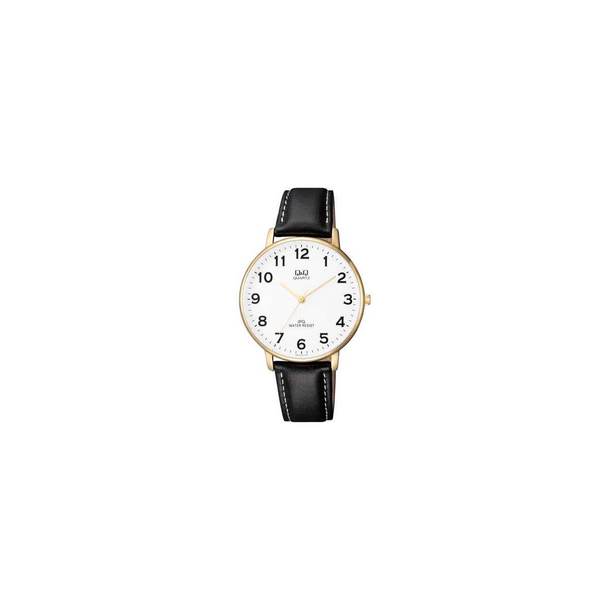 QQ QZ00J104Y - Horloge - Analoog - Heren - Mannen - Leren band - Rond - Metaal - Cijfers - Zwart - Goudkleurig - Wit - 3ATM