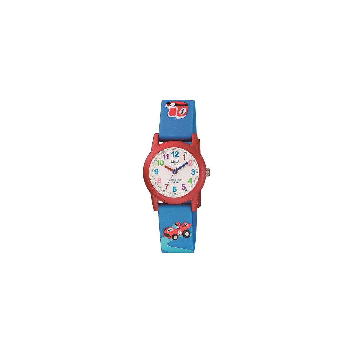 QQ VR99J004Y - Horloge - Sport - Analoog - Kinderen - Unisex - Plastic band - Rond - Kunststof - Cijfers - Wagen - Blauw - Rood - Wit - Multi - 10 ATM