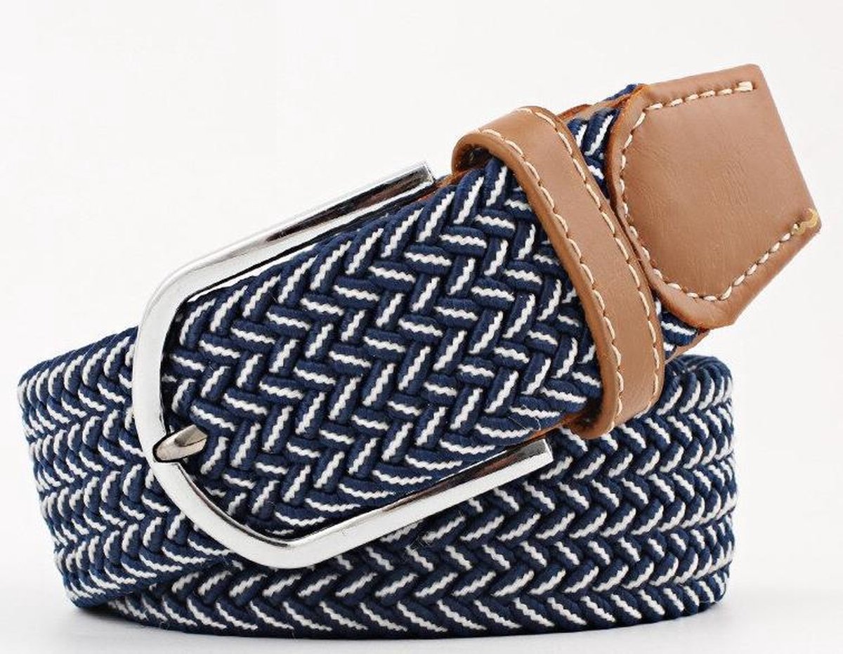 Gevlochten Riem - Elastisch - Blauw / Wit - Geweven - Riemen Heren Dames - Papa Cadeau Voor Mannen - Vaderdag