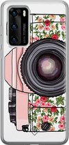 Huawei P40 hoesje siliconen - Hippie camera | Huawei P40 case | Roze | TPU backcover transparant