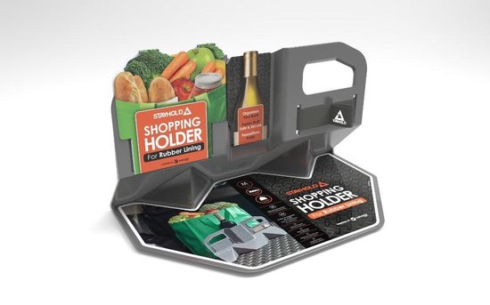 Grijze Stayhold Shopping Holder met groenten, brood, fruit, wijn en een boodschappentas.