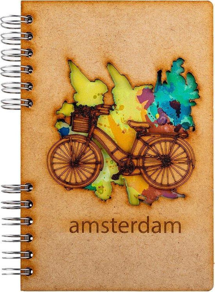 KOMONI - Duurzaam houten Schetsboek - Gerecycled papier - Navulbaar - A4 - Blanco - Amsterdam Fiets