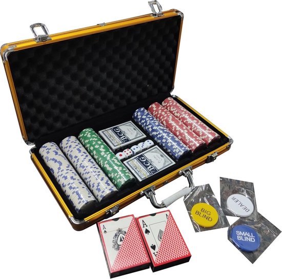 Afbeelding van het spel Gouden Texas Hold 'em Pokerset - Gouden Aluminium Pokerkoffer - Gouden Pokerset - 300 Casino kwaliteit Pokerfiches -