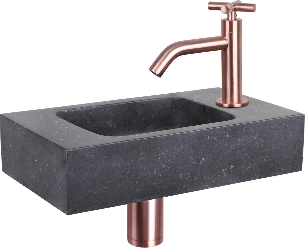 Differnz Fonteinset Bombai black - Natuursteen - Kraan kruis rood koper - 40 x 22 x 9 cm