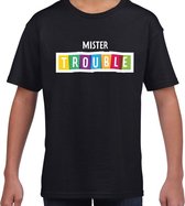 Mister trouble fun tekst t-shirt zwart kids - Fun tekst / Verjaardag cadeau / kado t-shirt kids 122/128