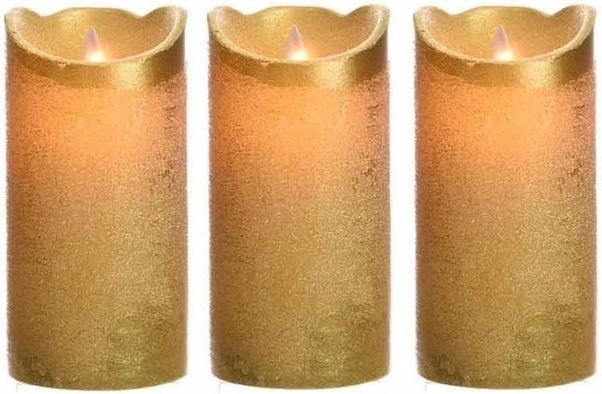 Merkloos Sans marque 3x LED kaars stompkaars goud 15 cm flakkerend Kerst diner tafeldecoratie Home deco kaarsen 3 stuks