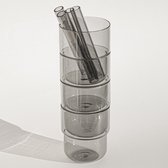 4 borosilicaat stapel glazen 250 ml,  grijs met 4 dikke grijzen glazen rietjes. 100% vaadwasser veilig Nederlands ontwerp Maarten Baptist