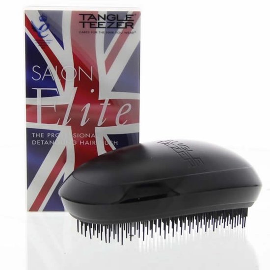 Zwarte Tangle Teezer Salon Elite borstel naast de verpakking met de Britse vlag.