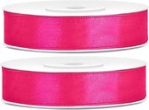 2x Hobby/decoratie donker roze satijnen sierlinten 1,2 cm/12 mm x 25 meter - Cadeaulinten satijnlinten/ribbons - Donker roze linten - Hobbymateriaal benodigdheden - Verpakkingsmaterialen