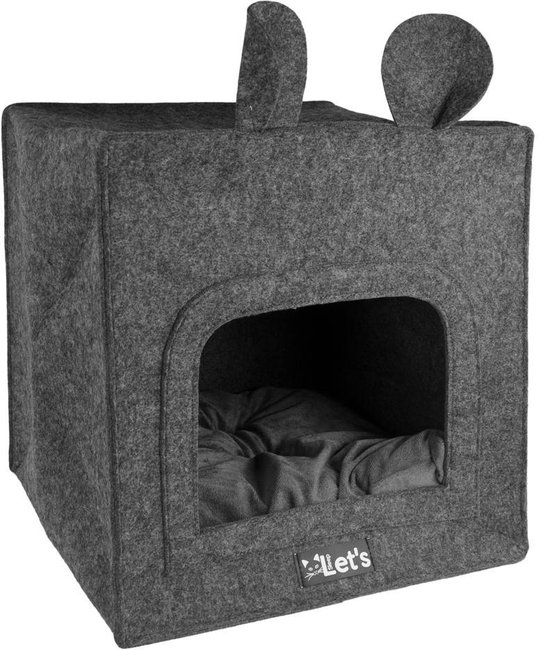 Let's Sleep Cat Cave Chunk - Kattenmand - Poezenmand - Inclusief kussen - Recycled Polyester - Fleece - Antraciet - 40x40x40cm