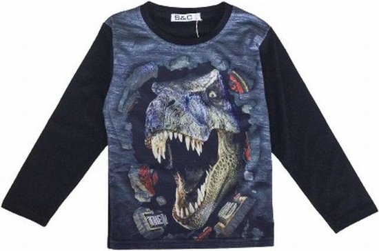 S&C Dinosaurus shirt - Lange Mouw - Dino shirt - T-rex - Zwart - maat 134/140 (10) - H164