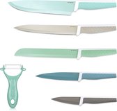 Navaris 6 pièces avec éplucheur - 5x couteaux de cuisine en acier inoxydable et 1x éplucheur en céramique - Ensemble de couteaux à découper - Coloré - Vert bleu gris