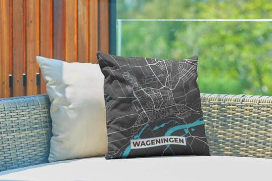 Coussin de jardin - Carte - Wageningen - Grijs - Blauw - 40x40 cm - Résistant aux intempéries