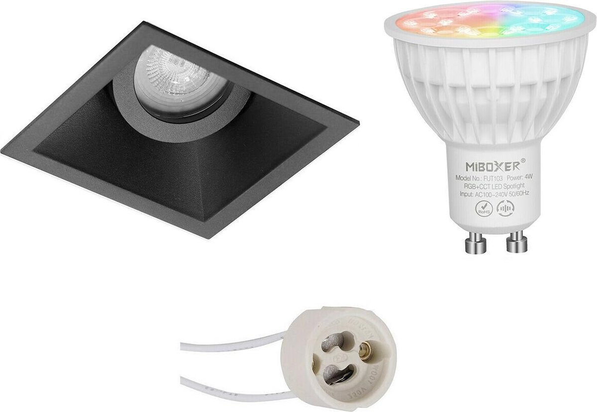 Mi-Light MiBoxer - LED Spot Set GU10 - Smart LED - Wifi LED - Slimme LED - 4W - RGB+CCT - Aanpasbare Kleur - Dimbaar - Proma Zano Pro - Inbouw Vierkant - Mat Zwart - Kantelbaar - 93mm