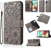 Voor Samsung Galaxy A71 Huid Voelen Reliëf Zonnebloem Horizontale Flip Lederen Case met Houder & Kaartsleuven & Portemonnee & Lanyard (Grijs)