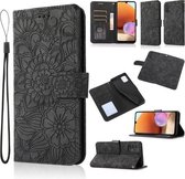 Voor Samsung Galaxy A32 4G Huid Voelen Reliëf Zonnebloem Horizontale Flip Lederen Case met Houder & Kaartsleuven & Portemonnee & Lanyard (Zwart)