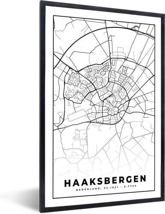 Fotolijst incl. Poster - Kaart - Haaksbergen - Zwart - Wit - 40x60 cm - Posterlijst