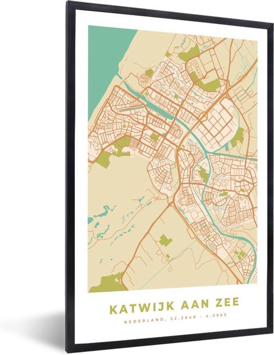 Fotolijst incl. Poster - Plattegrond - Katwijk aan Zee - Vintage - 20x30 cm - Posterlijst - Stadskaart