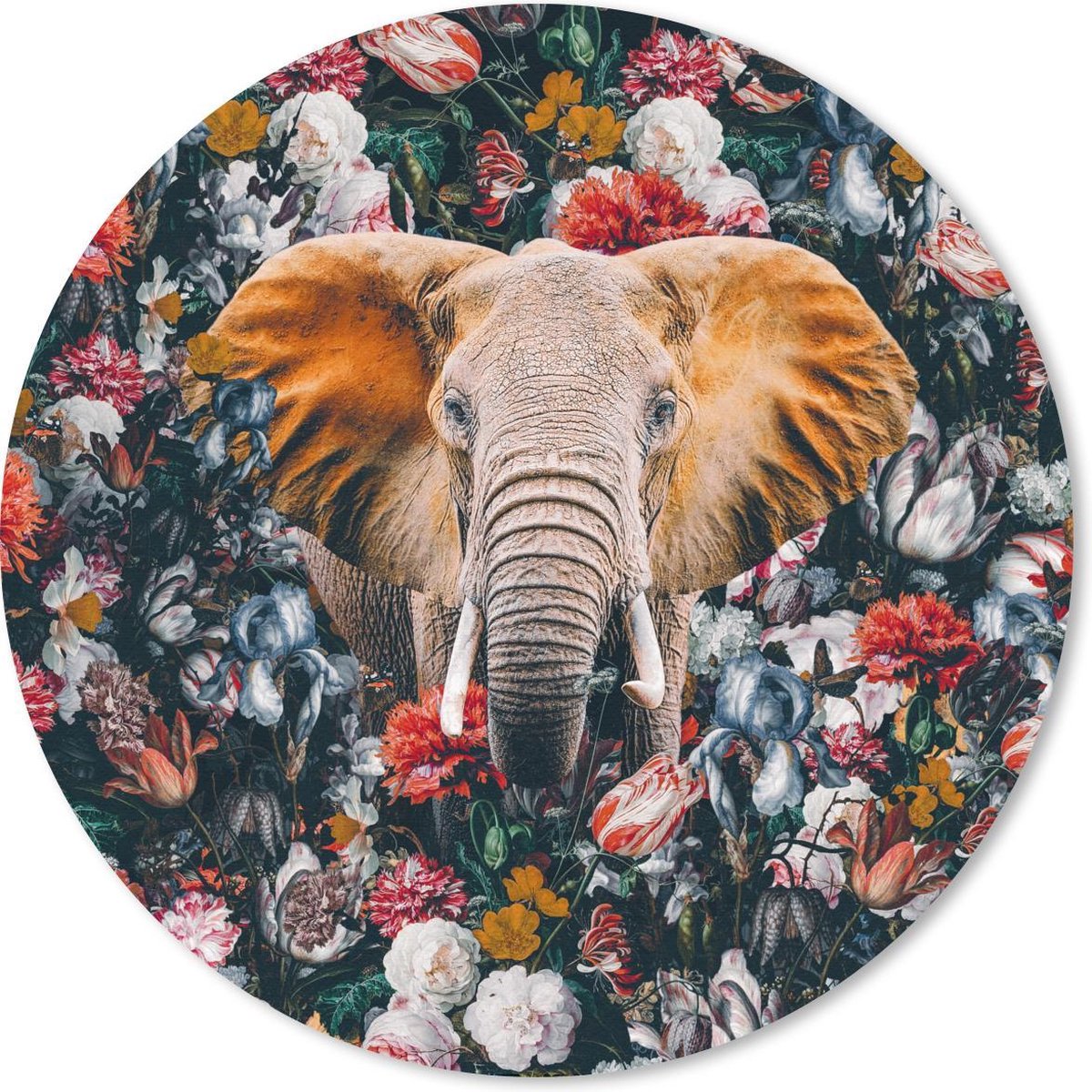 Muismat rond 20x20 cm - Mousepad Olifant - Bloemen - Kop - Ronde muismatten
