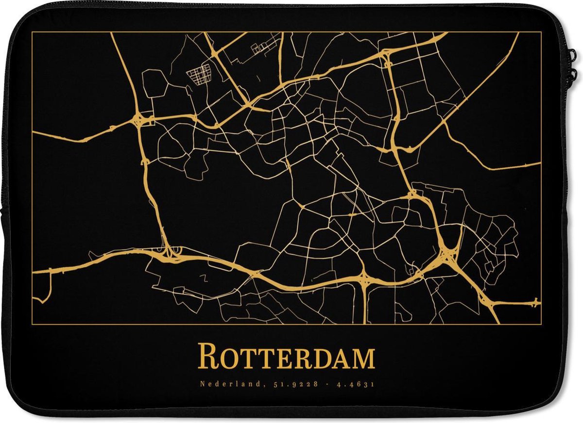 Laptophoes 14 inch - Kaart - Rotterdam - Luxe - Goud - Zwart - Laptop sleeve - Binnenmaat 33x23 cm - Zwarte achterkant